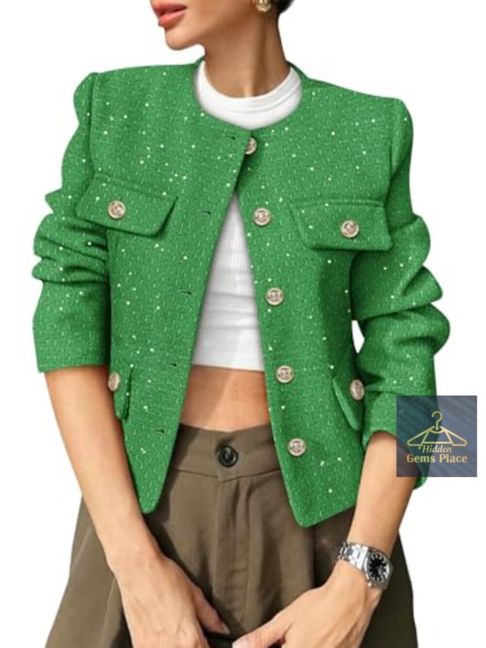 Tweed Blazer Cropped Button Down Collarless Long Sleeve Business Casual